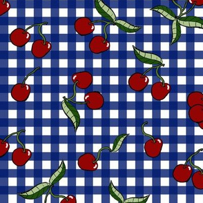 Retro Cherries on Blue Gingham 