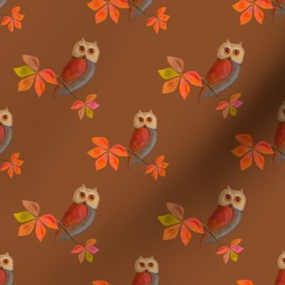 4x4-Inch Repeat of Friendly Owls on Rich Sienna Brown Background