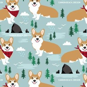 corgis at cannon beach fabric dog dogs haystack rock dogs
