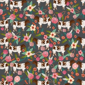 shorthorn cattle fabric cow farm and florals fabric - charcoal