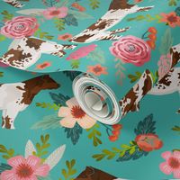 shorthorn cattle fabric cow farm and florals fabric - turquoise