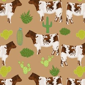 shorthorn cattle fabric cow and cactus design - brown