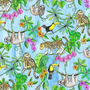 Rainforest Friends - watercolor animals on textured blue - small