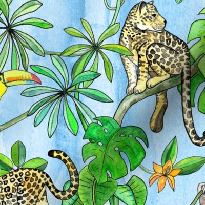 Rainforest Friends - watercolor animals on textured blue - large