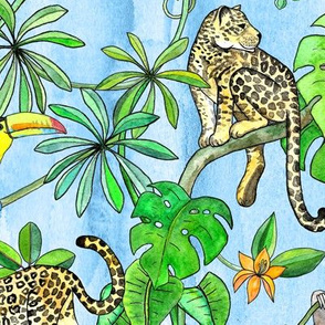 Rainforest Friends - watercolor animals on textured blue - large