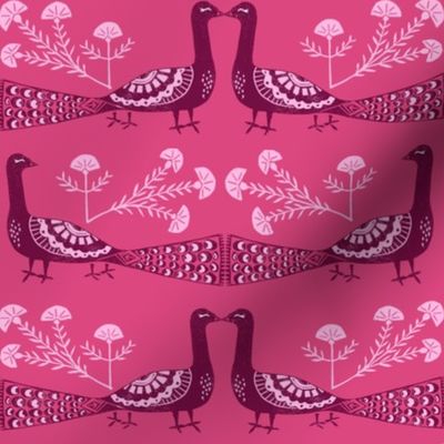 peacock fabric // linocut woodcut woodblock feathers design - pink
