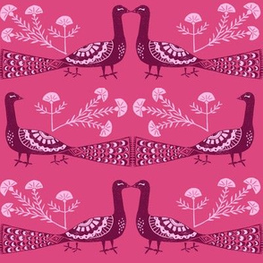 peacock fabric // linocut woodcut woodblock feathers design - pink