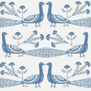 peacock fabric // linocut woodcut woodblock feathers design - blue and white