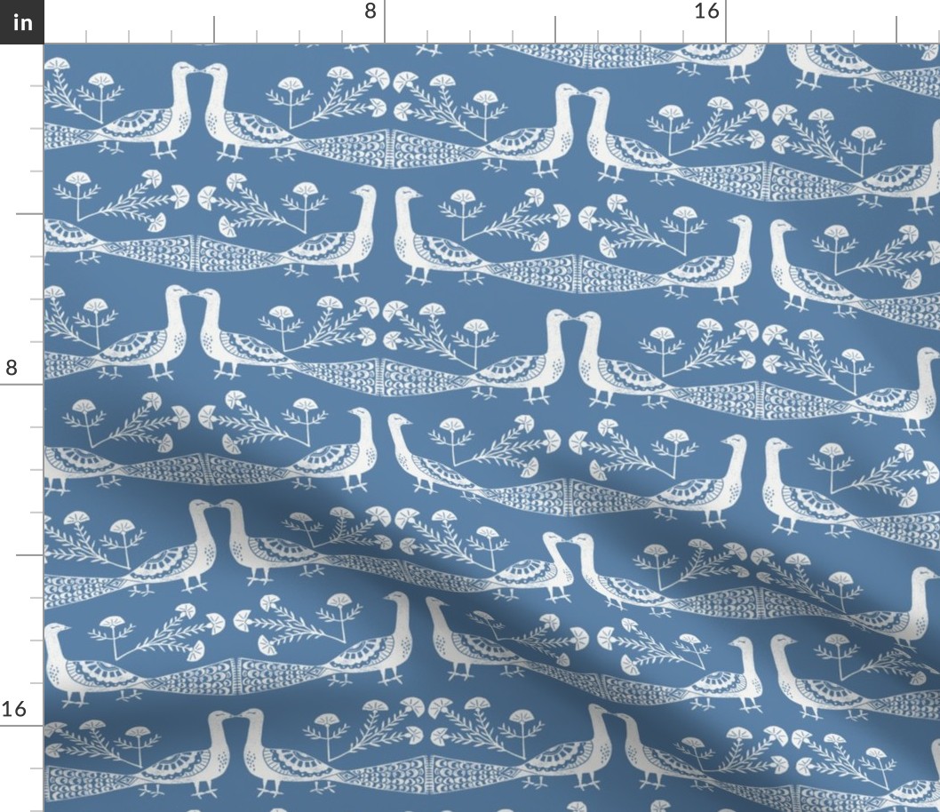 peacock fabric // linocut woodcut woodblock feathers design - blue