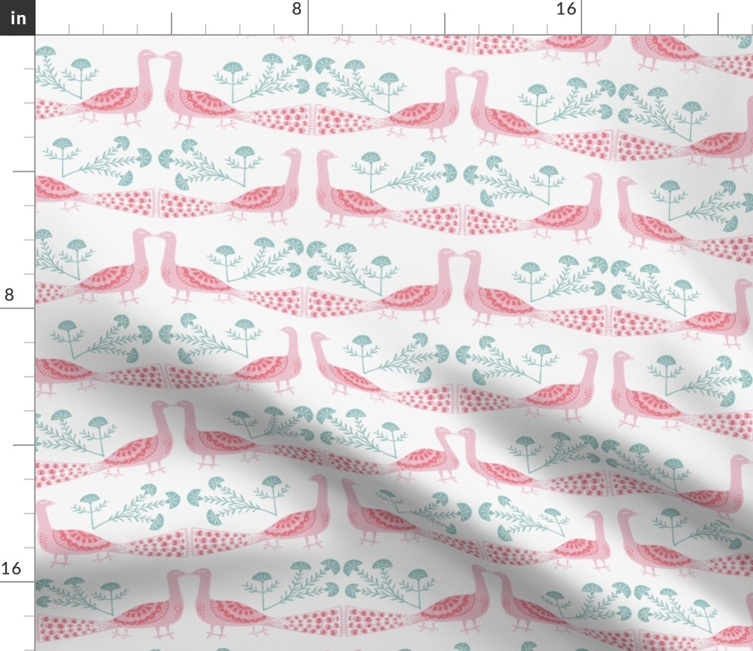 peacock fabric // linocut woodcut woodblock feathers design - pink and mint
