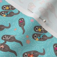 Otters Playing - Aquamarine Background // Small Size