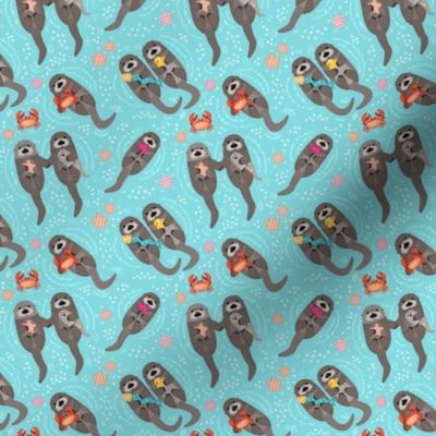 Otters Playing - Aquamarine Background // Small Size