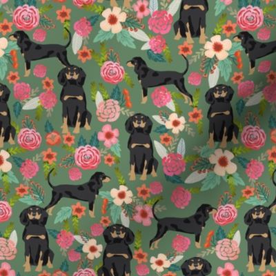 Coonhound black and tan dog breed floral green