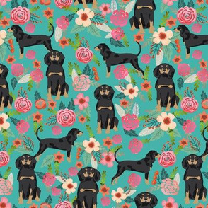 Coonhound black and tan dog breed floral turquoise