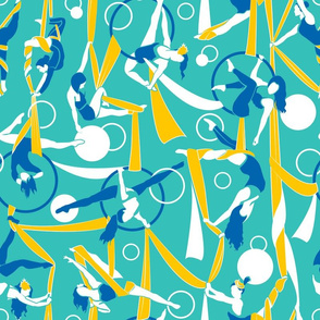 Circus dancers // moonstone blue background golden poppy & white ribbons circles lapis lazuli bows & dancers