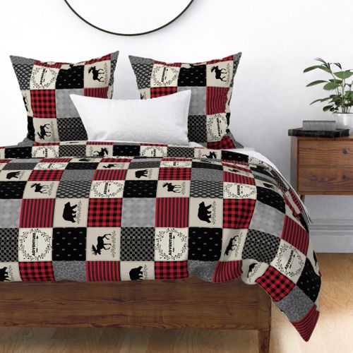 Adventure Patchwork Quilt ROTATED - Black, Red + Cream Woodland Bear & Moose Blanket Design