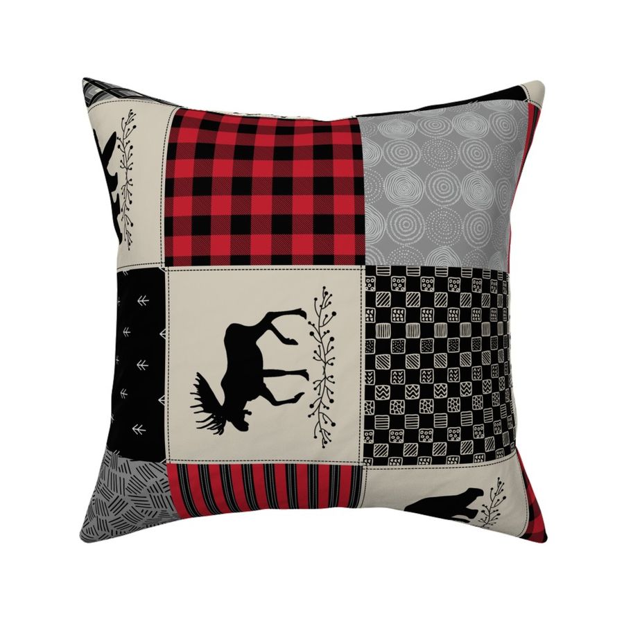 Adventure Patchwork Quilt ROTATED - Black, Red + Cream Woodland Bear & Moose Blanket Design