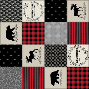 Adventure Patchwork Quilt ROTATED - Black, Red + Cream Woodland Bear & Moose Blanket Design