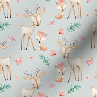 Sweet Deer & Fox (frost gray) - Woodland Animals Flowers Baby Girl Nursery Bedding