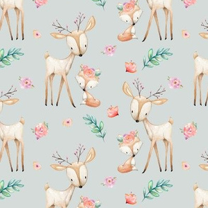 Sweet Deer & Fox (frost gray) - Woodland Animals Flowers Baby Girl Nursery Bedding