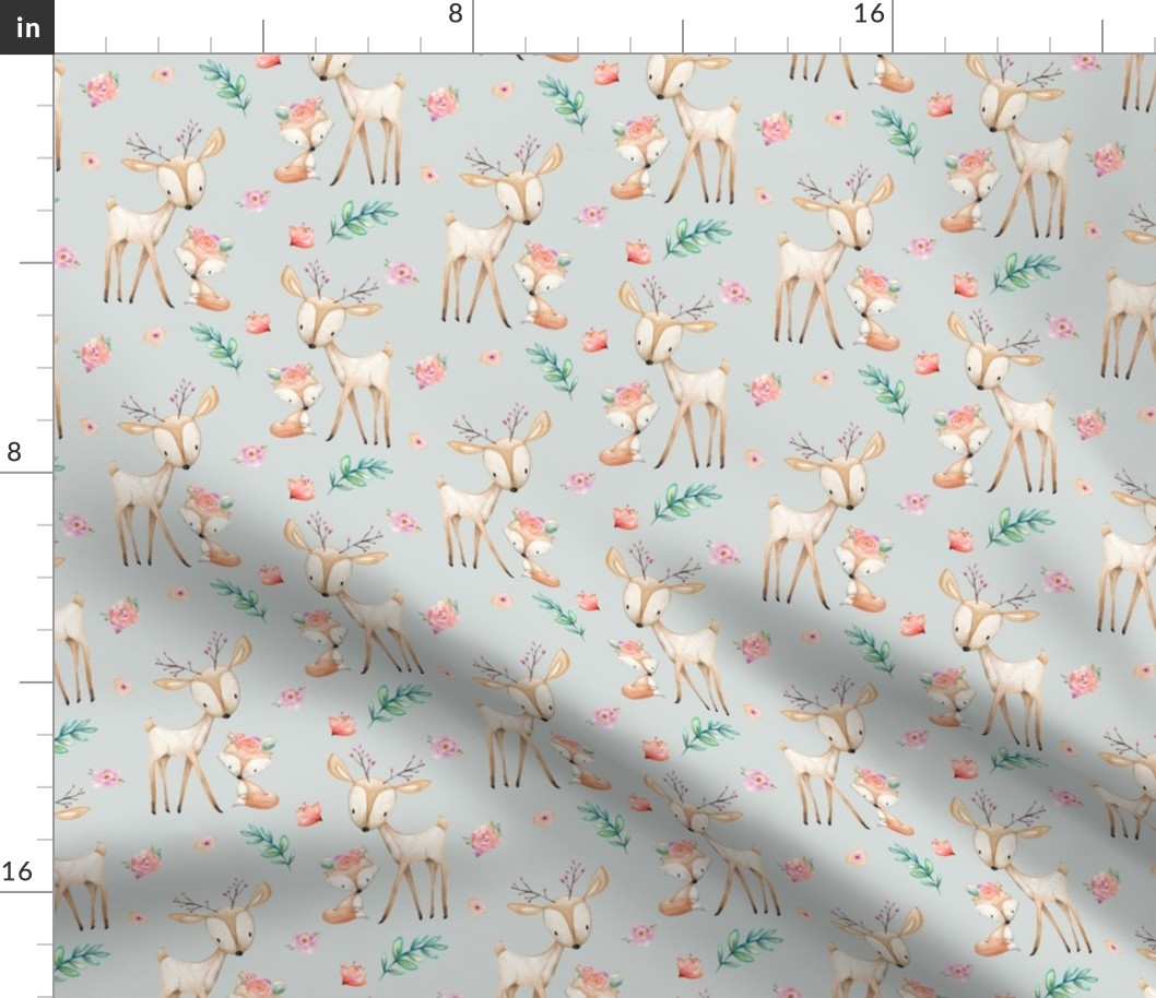 Sweet Deer & Fox (frost gray) - Woodland Animals Flowers Baby Girl Nursery Bedding