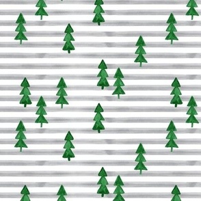 watercolor trees on stripes- green on grey