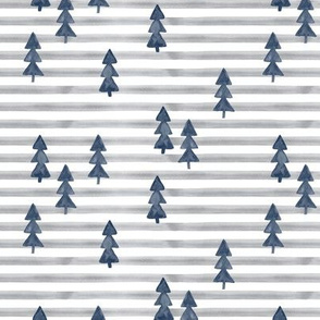 watercolor trees on stripes - blue on grey