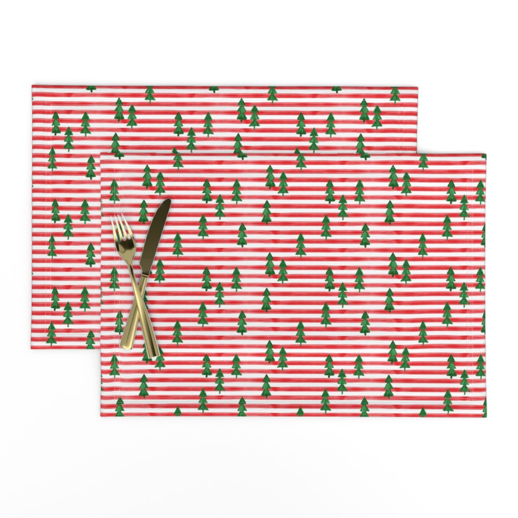 watercolor christmas trees on stripes - green on red