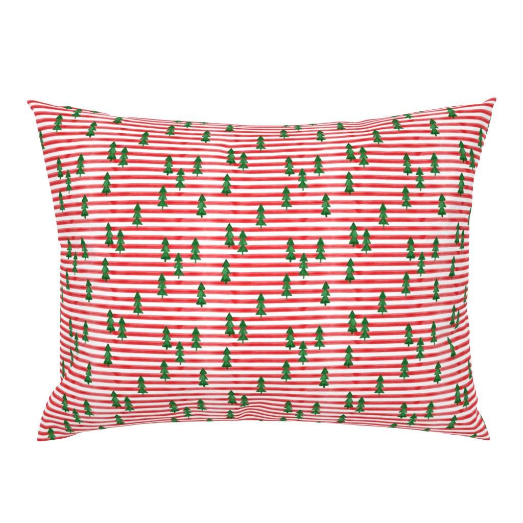 watercolor christmas trees on stripes - green on red