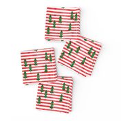 watercolor christmas trees on stripes - green on red