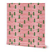 watercolor christmas trees on stripes - green on red