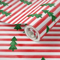 watercolor christmas trees on stripes - green on red