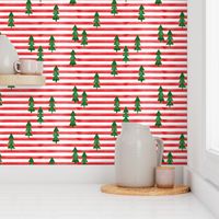 watercolor christmas trees on stripes - green on red