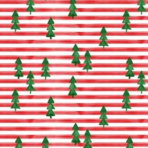 watercolor christmas trees on stripes - green on red