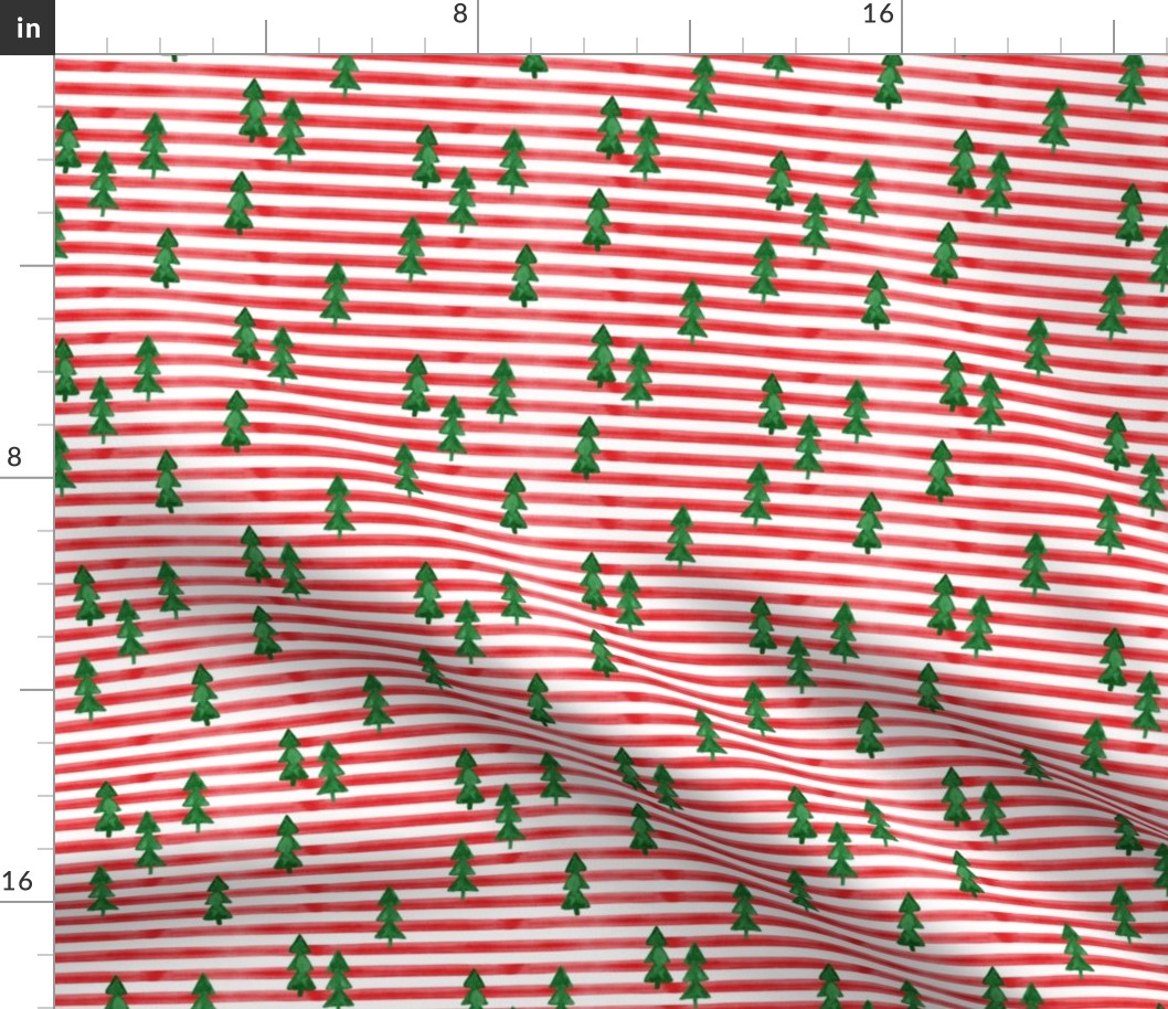 watercolor christmas trees on stripes - green on red