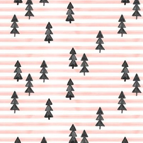 watercolor trees on stripes - black on pink