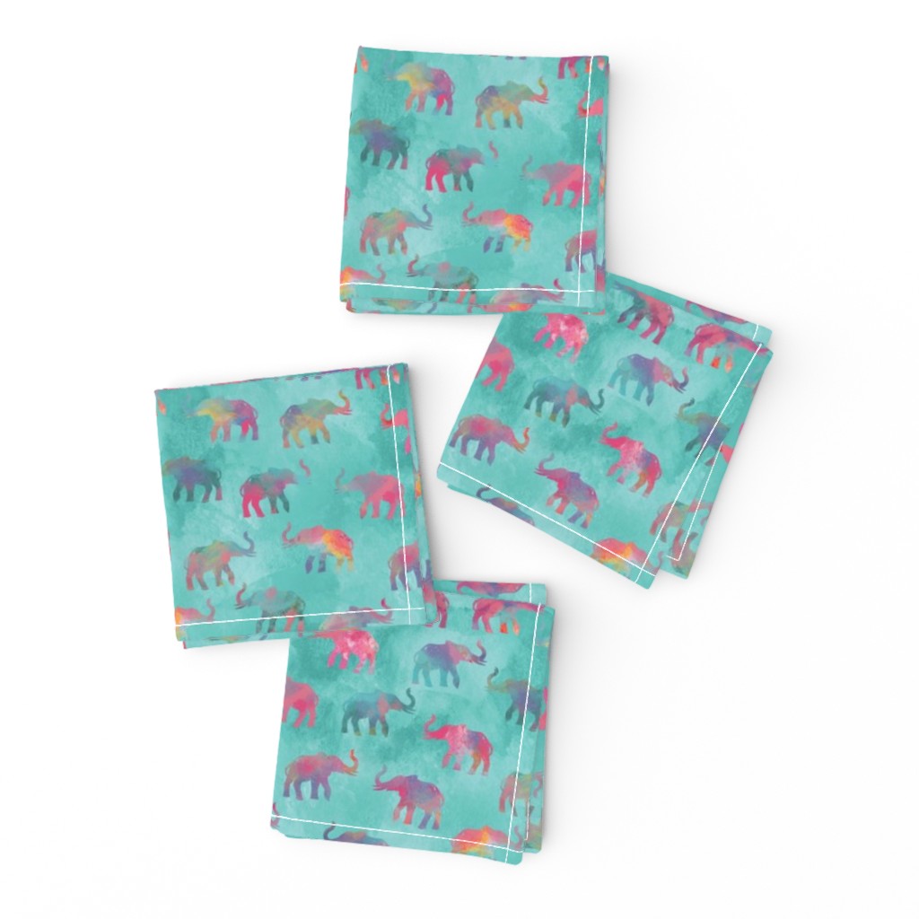 Elephants On Parade in Watercolor Teal