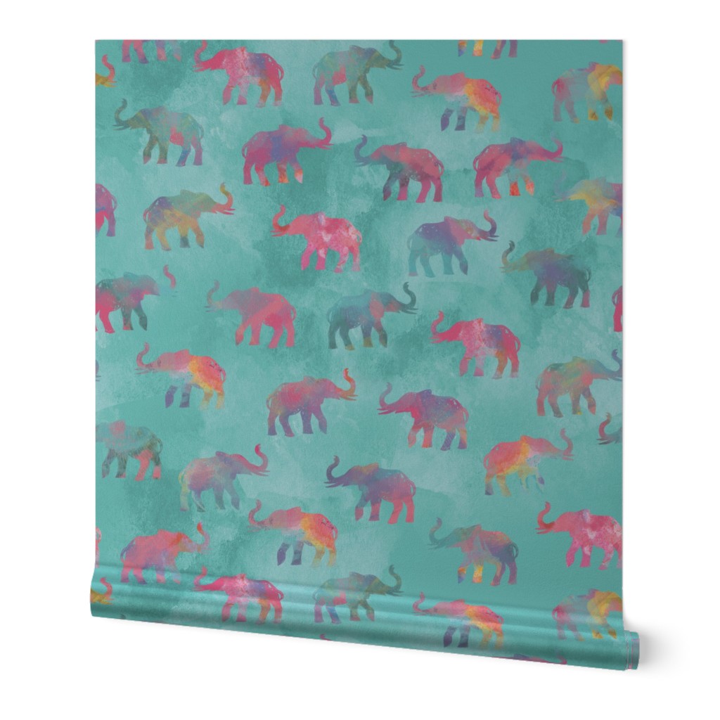 Elephants On Parade in Watercolor Teal