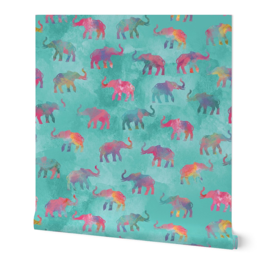 Elephants On Parade in Watercolor Teal
