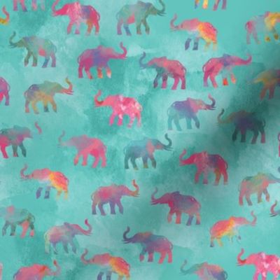 Elephants On Parade in Watercolor Teal