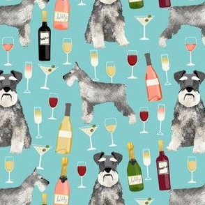 schnauzer fabric dogs and wine design cute dogs and bubbly fabric schnauzer dogs - light blue