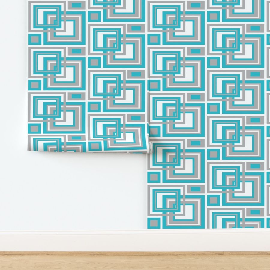 Abstract Turquoise Blue Gray Grey Square Geometric Pattern