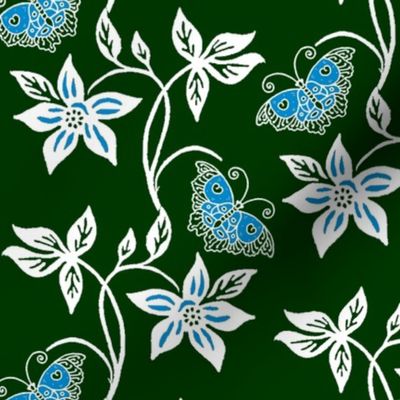 Midnight Garden - Blue Butterflies & Flowers Virtual Batik