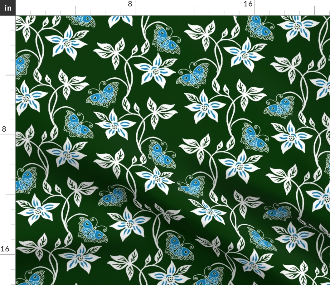 Midnight Garden - Blue Butterflies & Flowers Virtual Batik