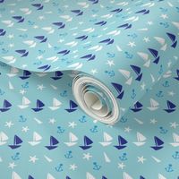 Boats small // blue white trendy kids nursery baby boy sea deep ocean sail starfish nautical marine 