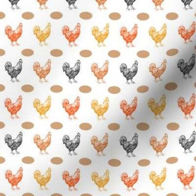 Chickens with Eggs, Chicken Coop, Barnyard Animals, Yellow, Orange, Rust, Black and Red Hens