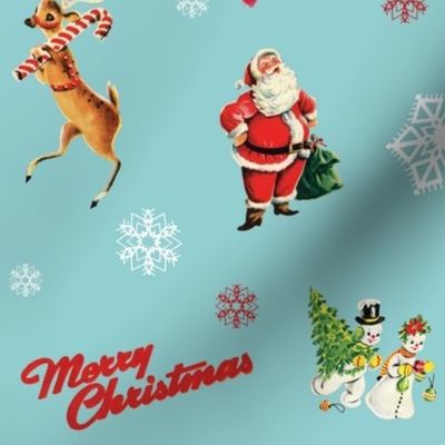 Vintage Christmas Santa Claus Merry Christmas Reindeer Snowflakes Joy