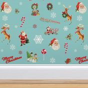 Vintage Christmas Santa Claus Merry Christmas Reindeer Snowflakes Joy