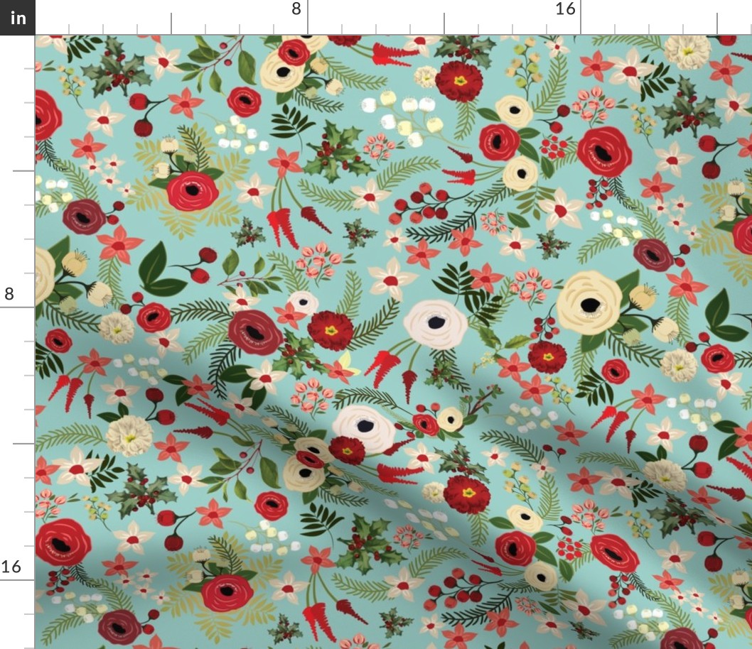 Vintage Christmas Floral Blue