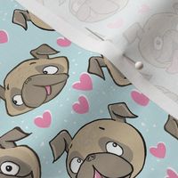 Small Fawn Pugs and Hearts blue
